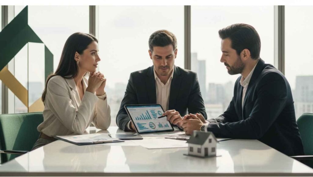 Casal com consultor financeiro analisando carta de crédito imobiliário em 2025 — Del Valle Group